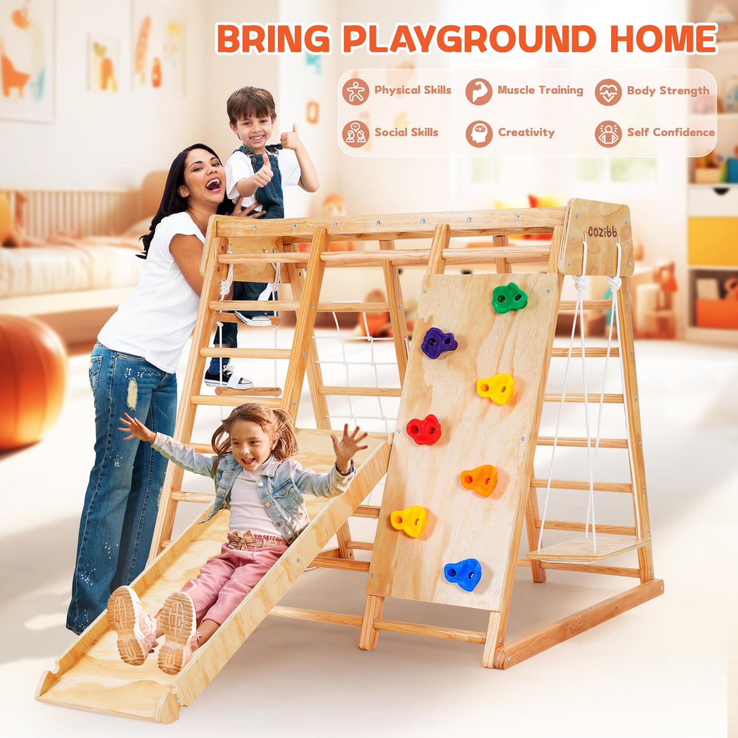Cozibb Indoor Jungle Gym For Kids, 7-In-1 Toddler Indoor Playground With Slide, Swing And Climbing Rock, Wooden Montessori Climb