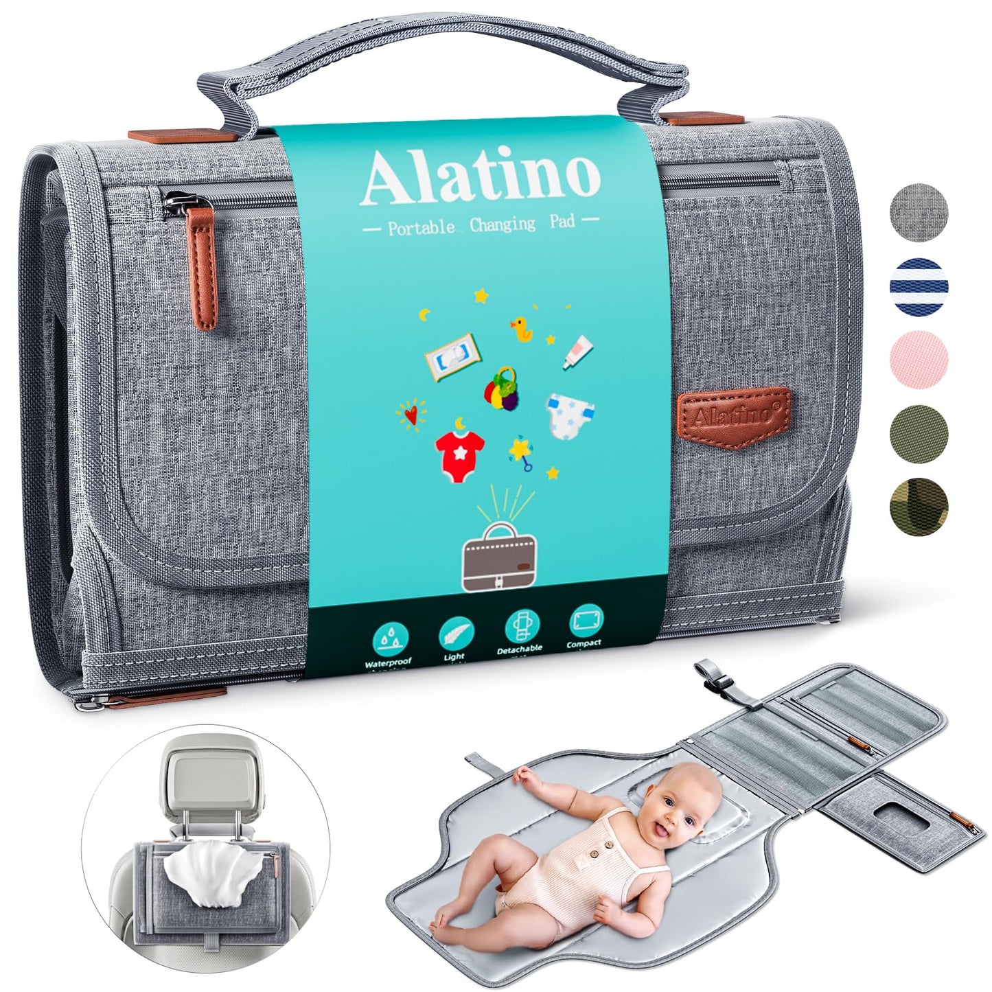 Portable Diaper Changing Pad for Baby, Detachable Travel Changing Pad with Baby Wipes Pocket, Gifts for Baby Shower, Newborn Gir