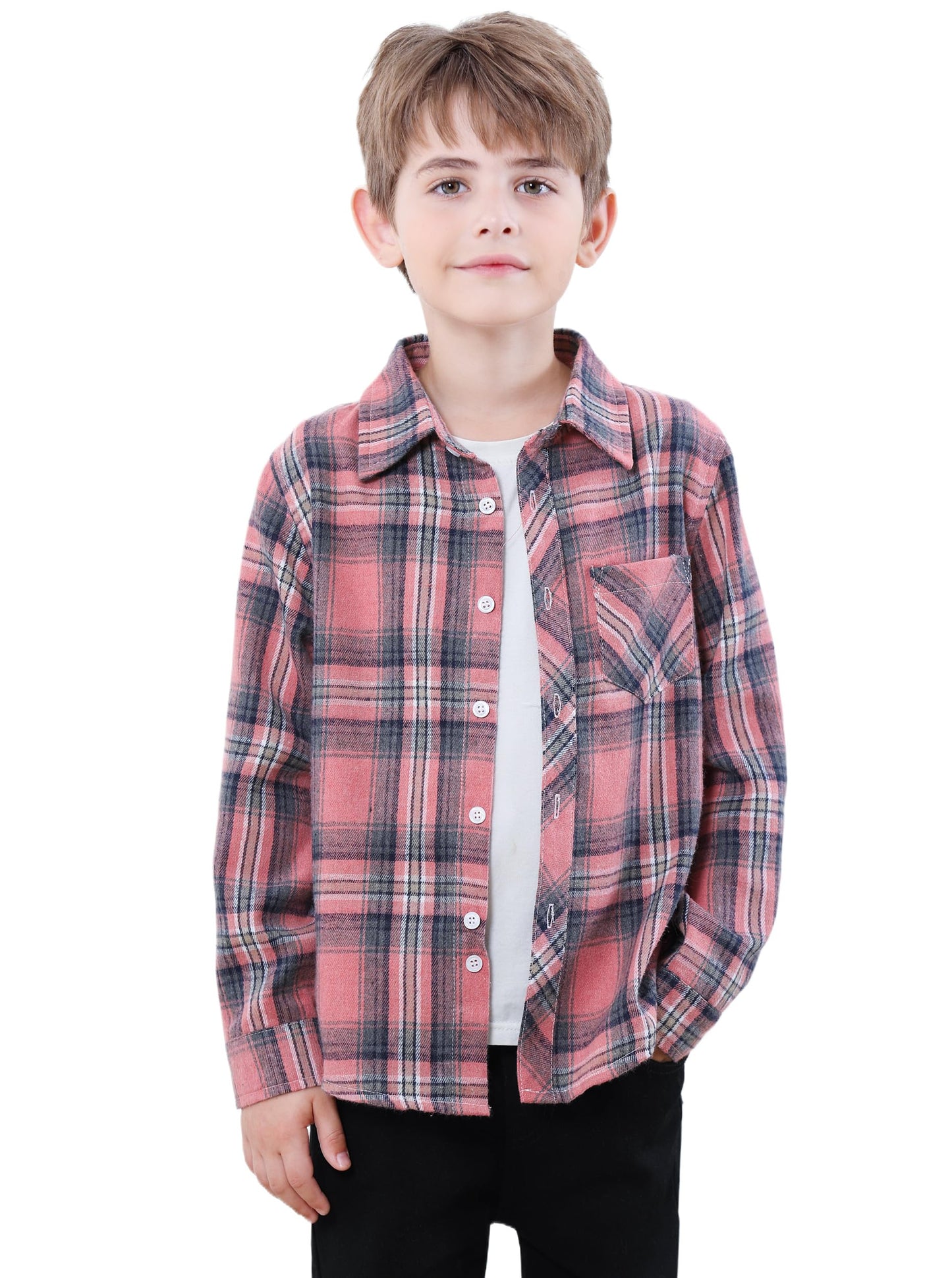 Sangtree Boys Long Sleeves Flannel Plaid Button Down Shirt Tops Pink Plaid, 12-18 Months = Tag 80