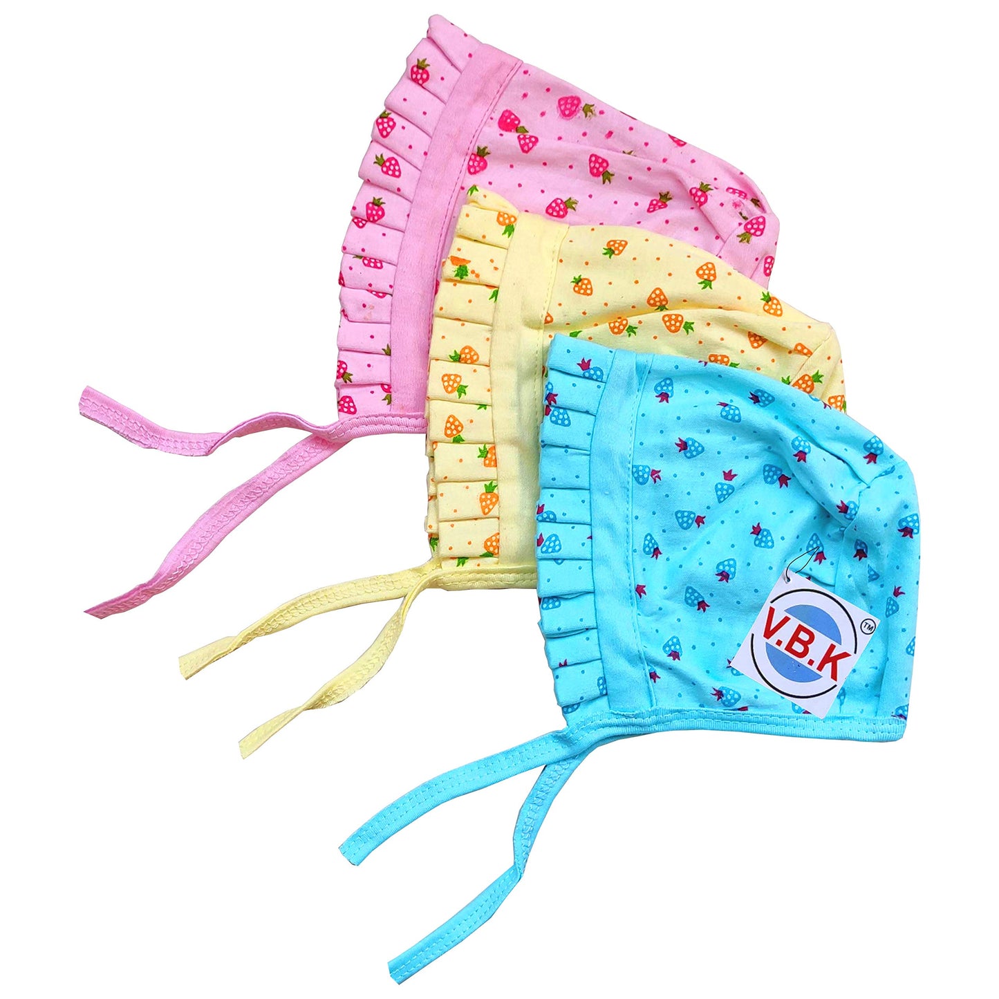 V.B.K Baby Soft Pure Hosiery Fabric Caps With Tai Knot Hat/Topi, Pack Of 3, Hosiery Soft Fabric, Multicolor (03 Months)