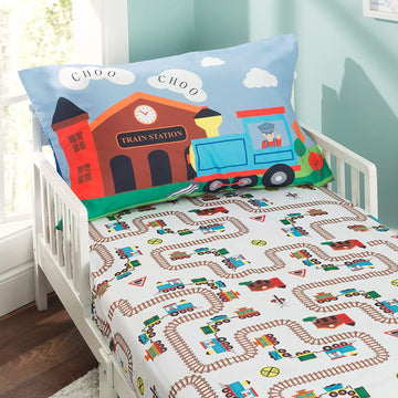 Everyday Kids Toddler Fitted Sheet And Pillowcase Set -Choo Choo Train- Soft Breathable Microfiber Toddler Sheet Set
