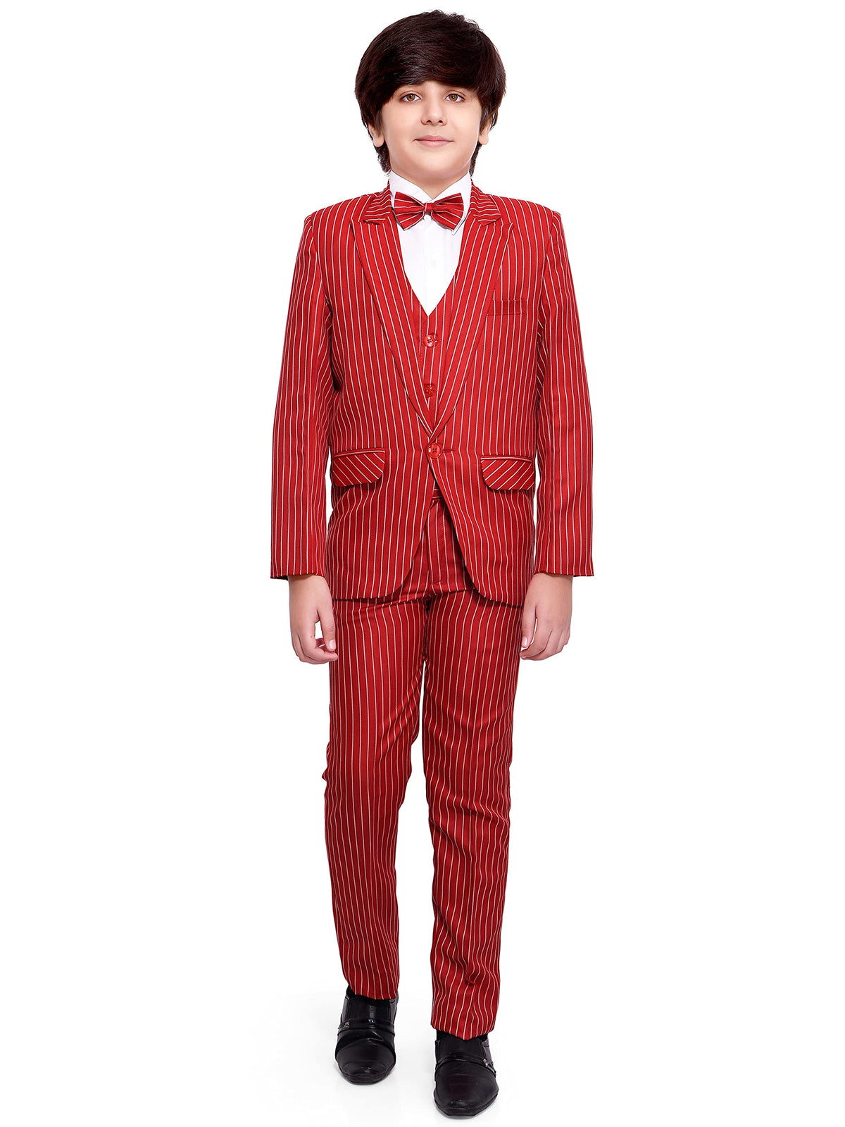 Jeetethnics Boys Red Striped Coat Suit Set With Waistcoat Shirt And Trousers (9077A)