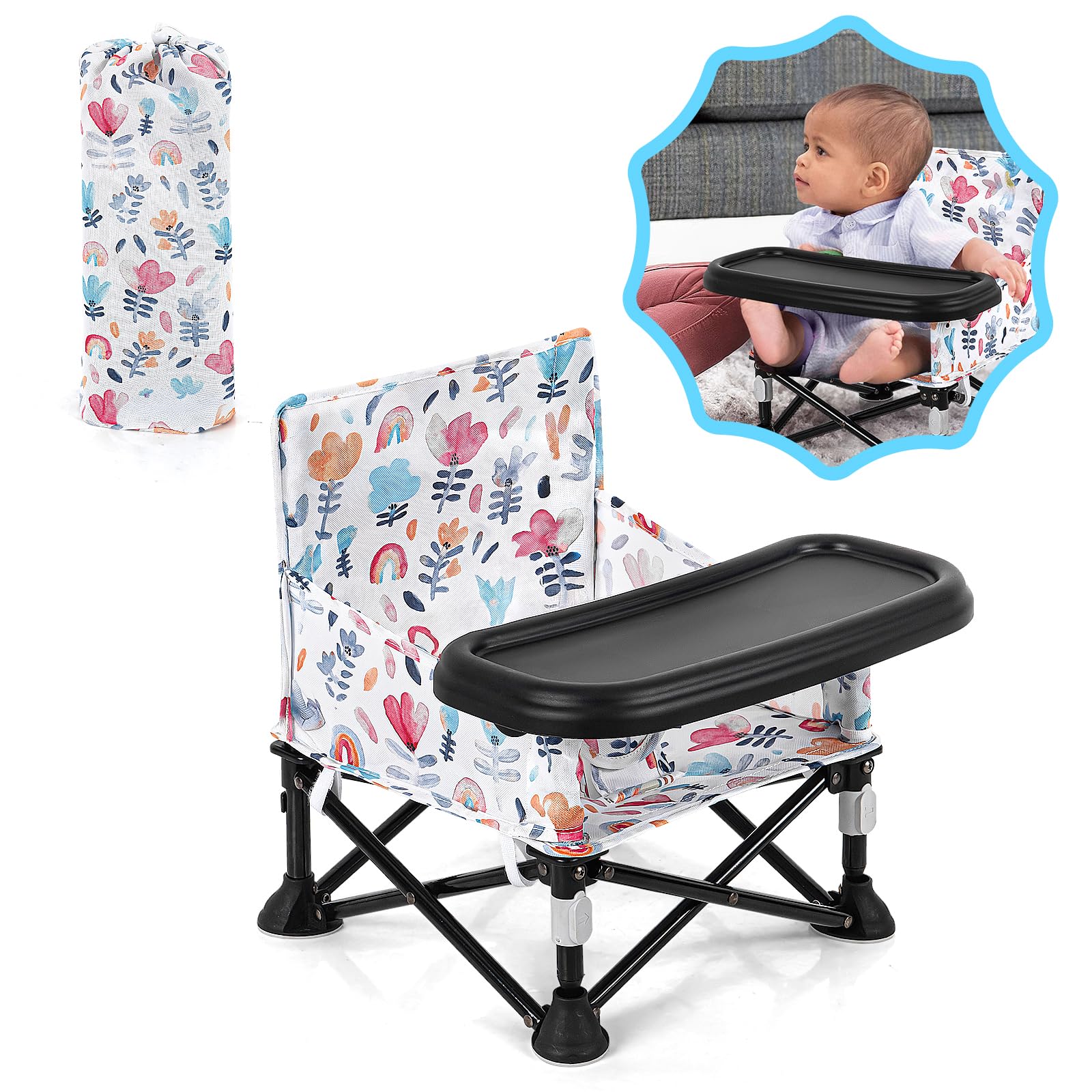 Toddler Booster Seat for Dining Table & Kitchen Chair - Portable Foldable with Removable Tray, Baby Camping Chair 6-36 Months In