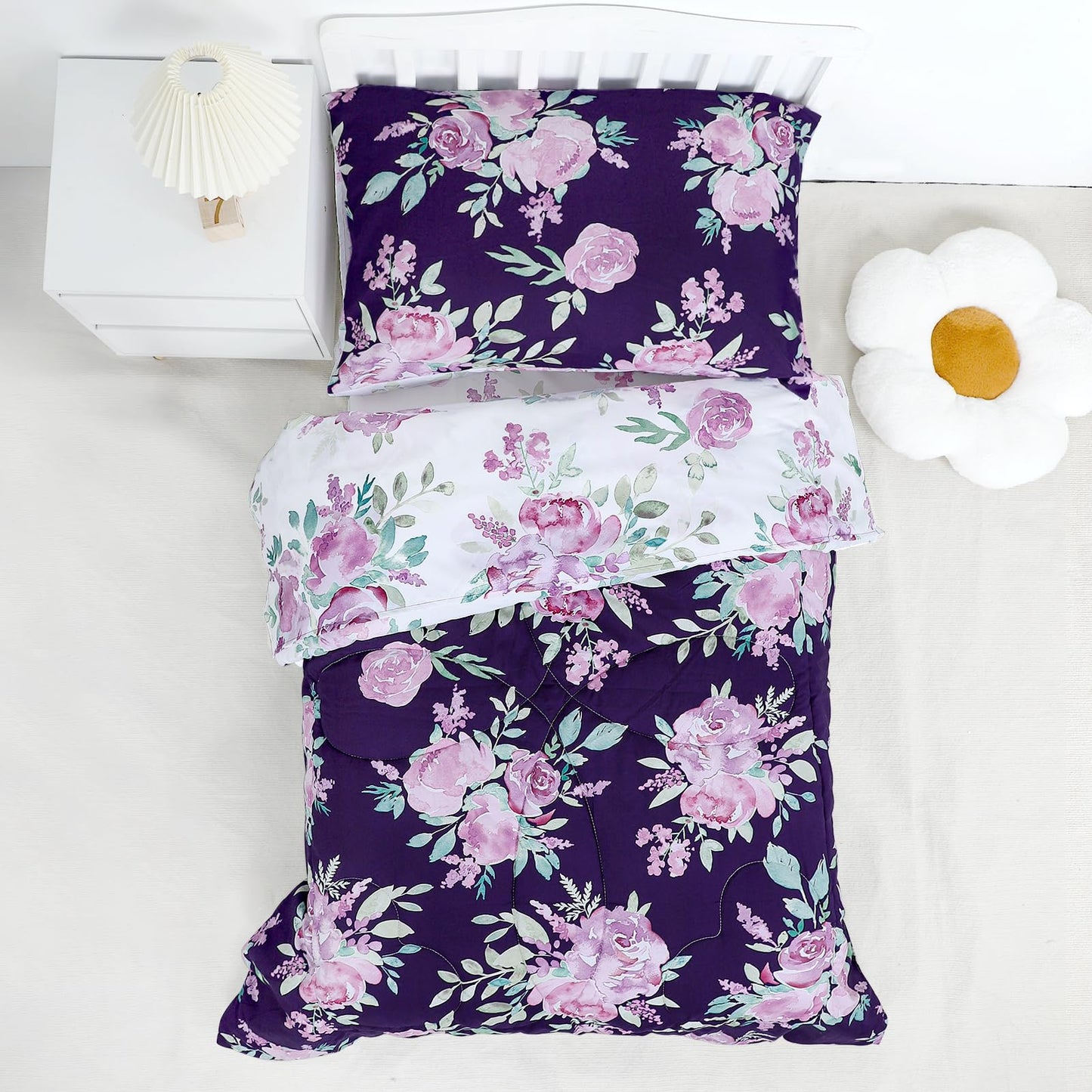 Tanofar 4-Piece Toddler Bedding Sets For Girls - Ultra Soft Purple Floral Toddler Girl Bedding, Reversible Crib Bed Sets, Includ