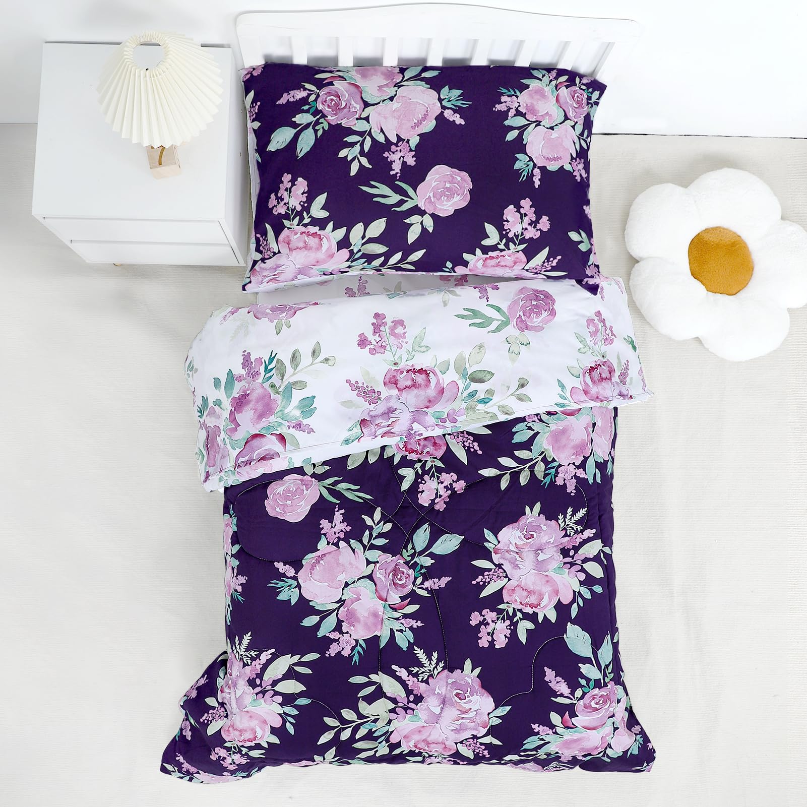Tanofar 4-Piece Toddler Bedding Sets For Girls - Ultra Soft Purple Floral Toddler Girl Bedding, Reversible Crib Bed Sets, Includ