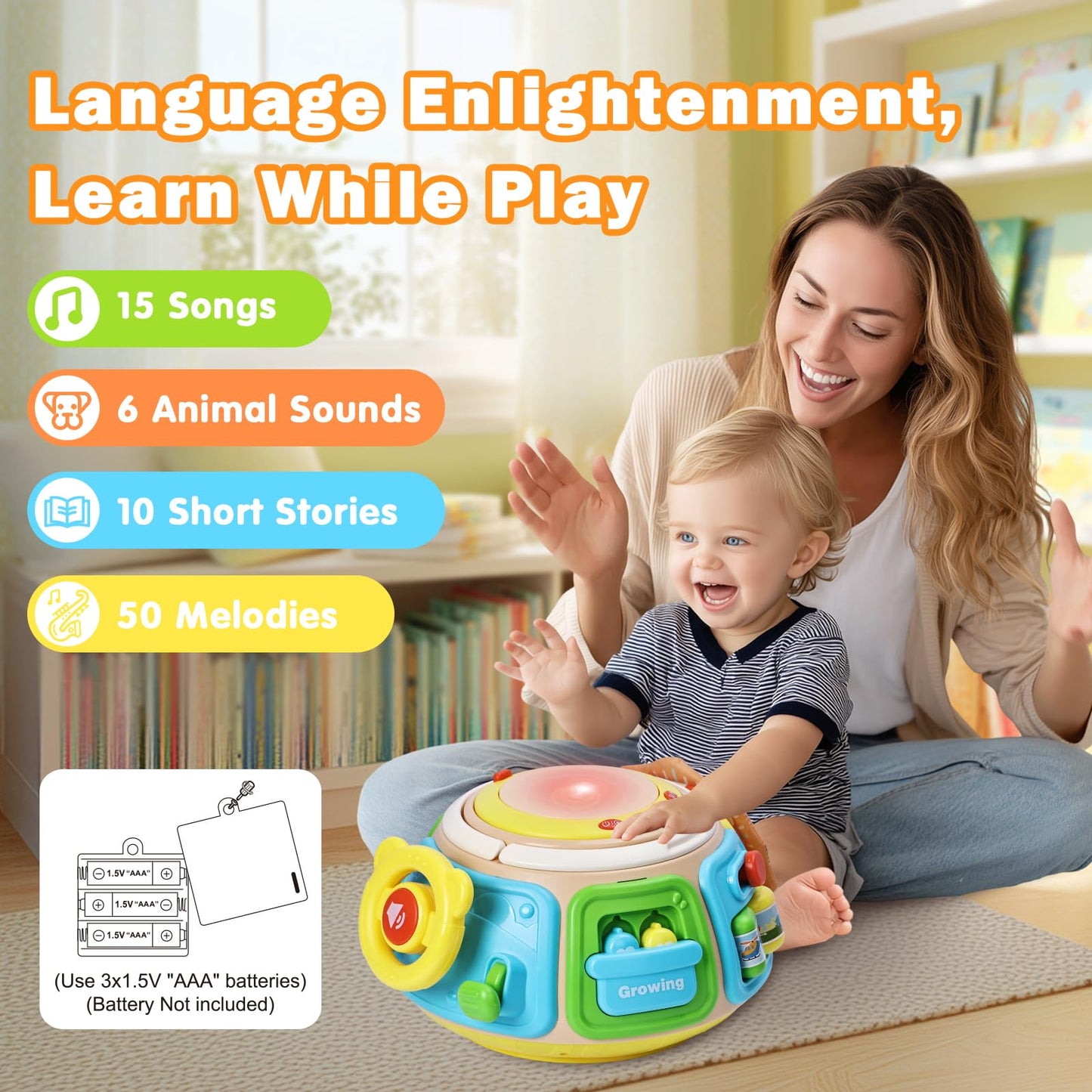 7-in-1 Activity Cube Drum Montessori Toys for Baby, Busy Toys for Toddlers with 9 Sensory Shape Blocks, Music & Light Educationa