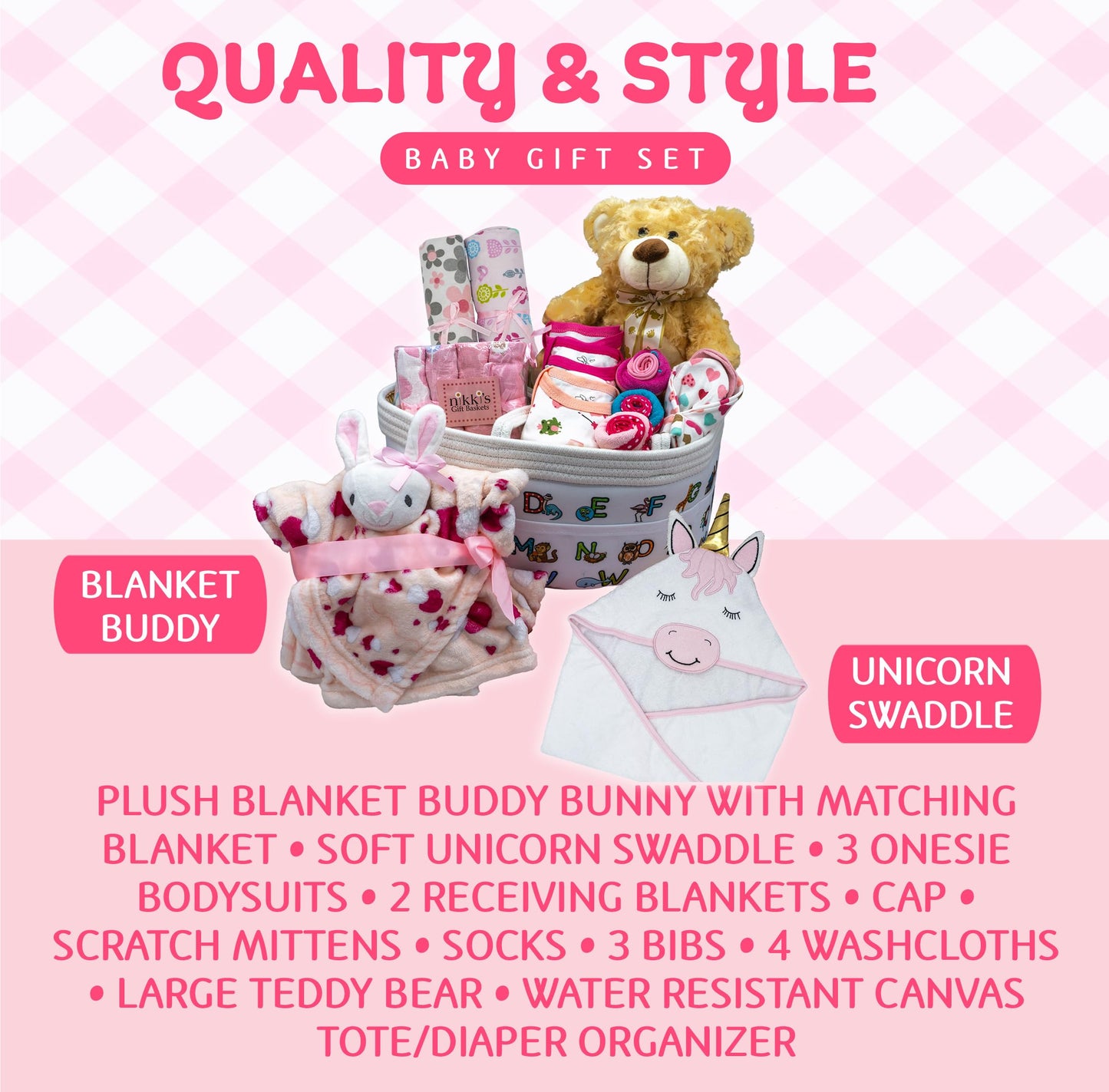 Joyful Arrival Deluxe Baby Girl Gift Basket, Baby Layette Set With 20-Piece Premium New Baby Essentials & Canvas Diaper Tote, Ba