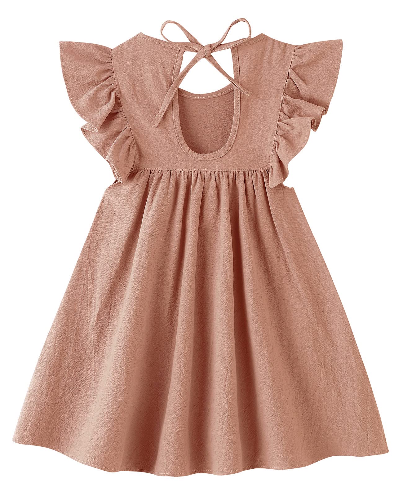 Lyxiof Toddler Baby Girl Cotton Linen Dress Ruffle Sleeve Halter Sleeveless Kids Casual Dresses Light Coffee 90Cm