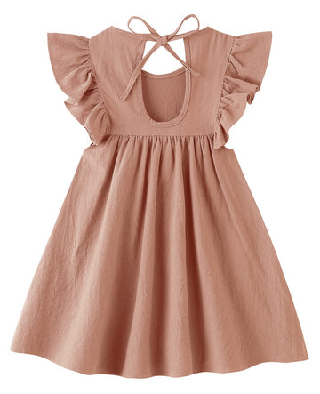 Lyxiof Toddler Baby Girl Cotton Linen Dress Ruffle Sleeve Halter Sleeveless Kids Casual Dresses Light Coffee 90Cm
