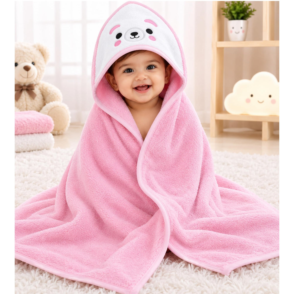 KHAS Creations Hooded Baby Towel Pink Bear, 70 x 70 cm