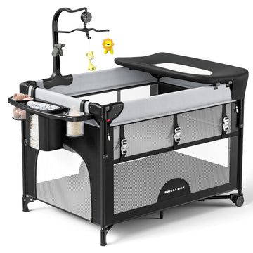Smelluck Baby Portable Playard, Foldable Bedside Bassinet Baby Crib With Removable Changing Table And Organizer, Adjustable Heig