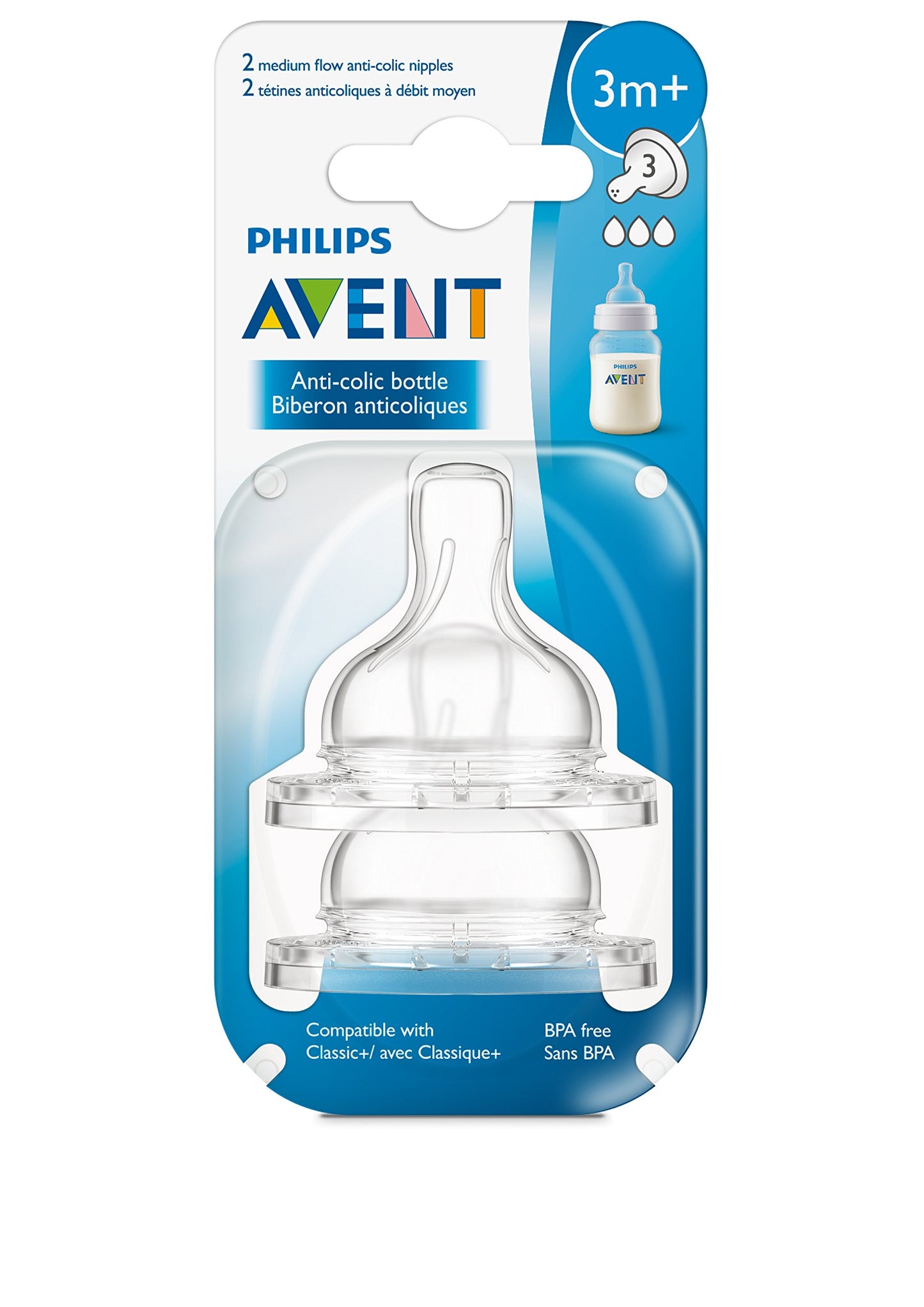 Philips Avent Anti-Colic Nipple, Clear, Medium Flow, 2 Count (Pack Of 1), (Scf423/27)