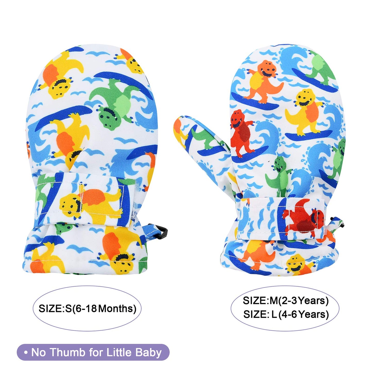 Lined Fleece Toddler Mittens Kids Winter Warm Gloves Child Ski Gloves Waterproof Snow Baby Mitten For Boys Girls Surfing Dinosau
