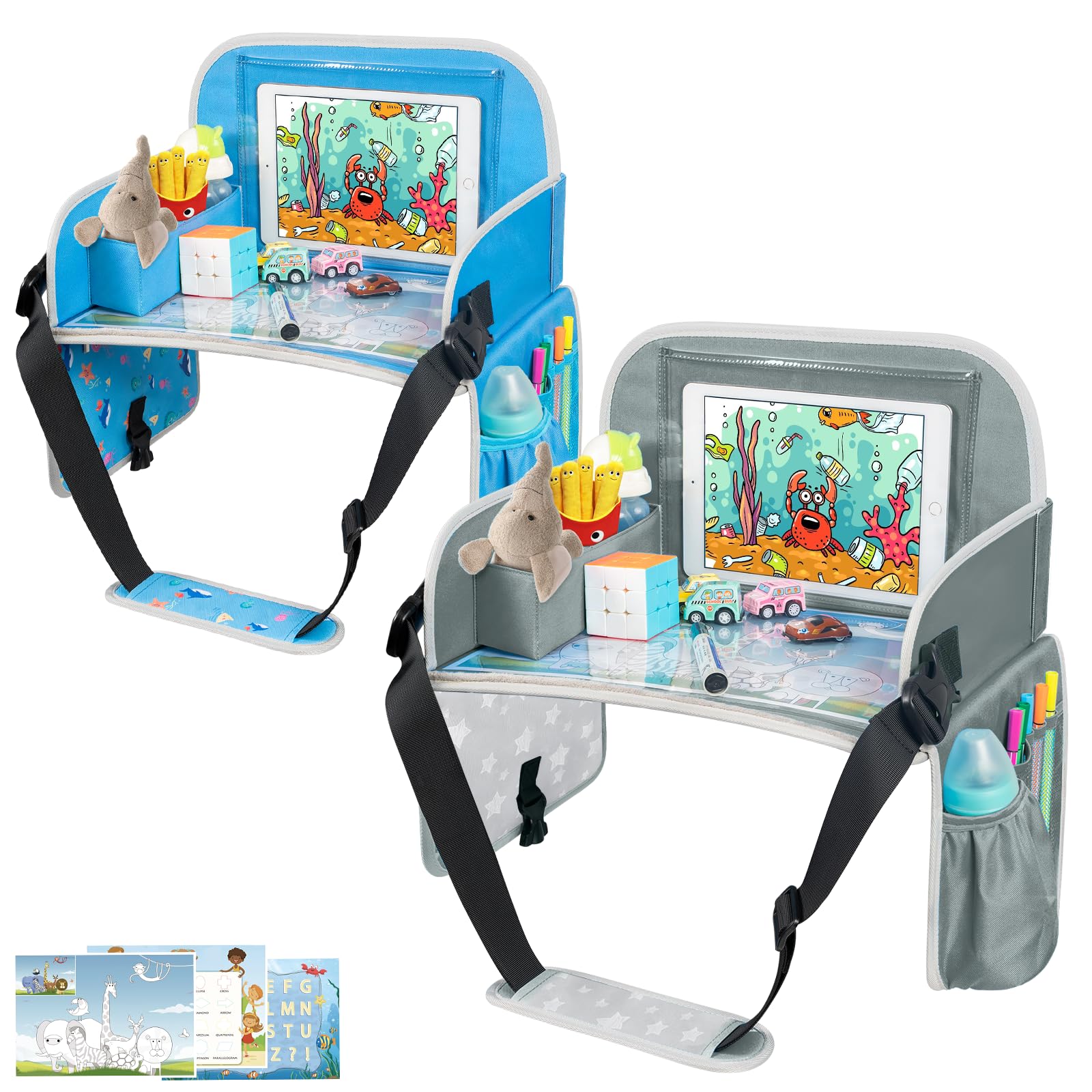 MENZOKE Kids Travel Tray for Boys or Girls, Travel Tray for Kids Car Seat with Tablet Holder, Dry Erase Board & Cooler Cup Holde