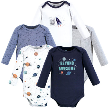 Hudson Baby Baby Girls Hudson Unisex Cotton Long-Sleeve Bodysuits, Space And Toddler T Shirt Set, Space 5-Pack, 0-3 Months Us