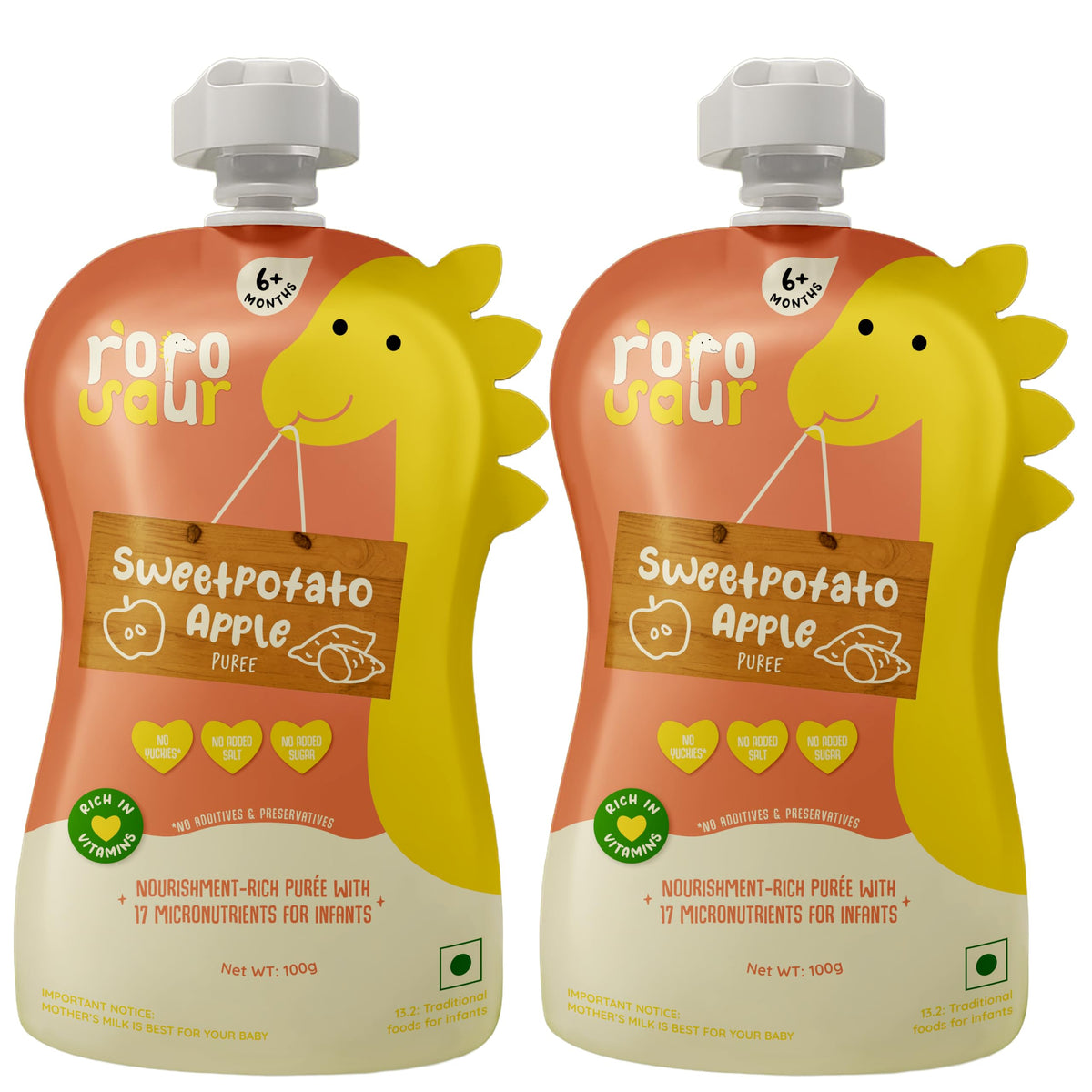 Rorosaur Ready To Eat Fruit & Veggie Baby Food Puree Pouch For 6+ Months 100G Each, Pk Of 2 | Made With Sweet Potato & Apple Pur