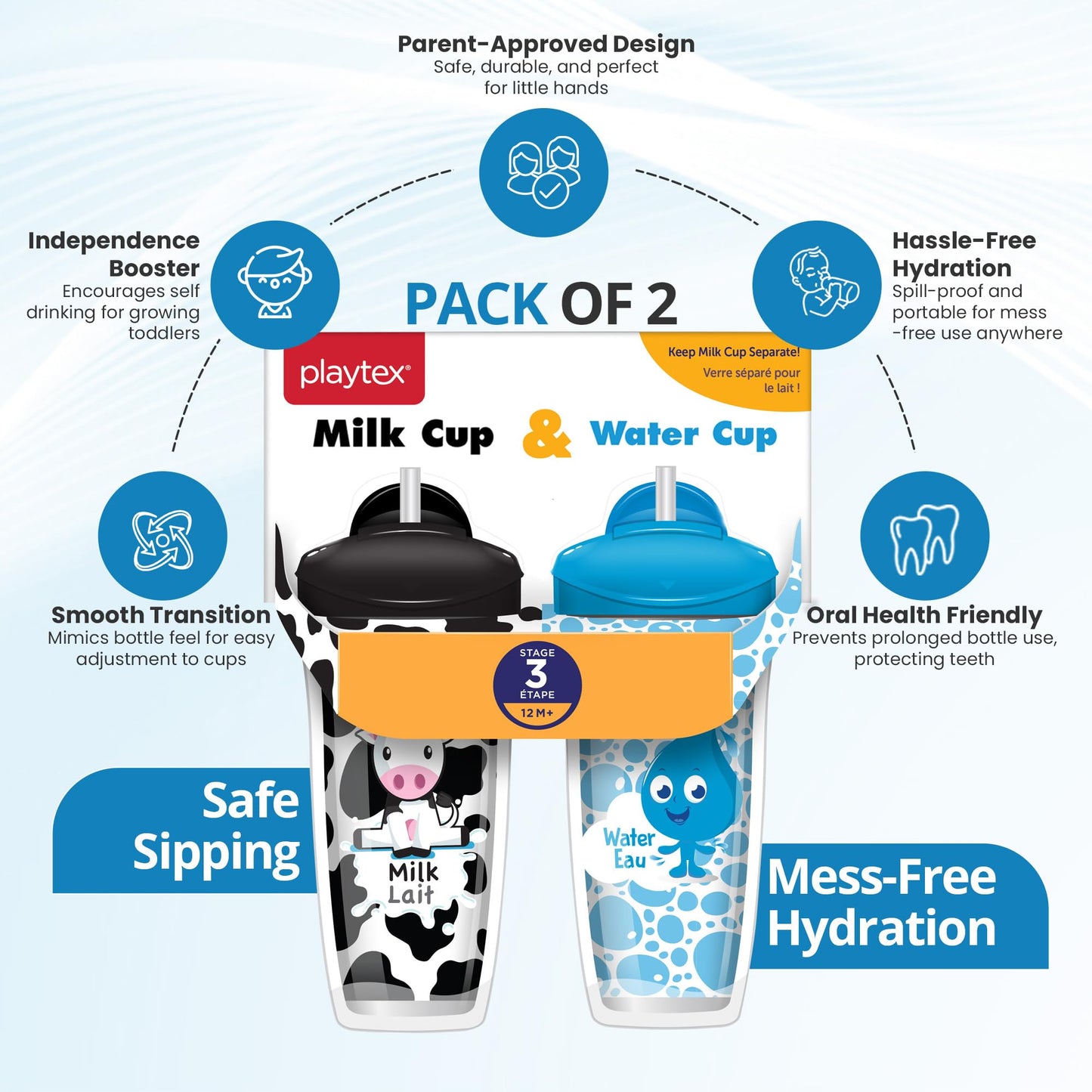 Playtex Baby Sipsters Stage 3 Spill-Proof, Leak-Proof, Insulated Toddler Straw Sippy Cups - Milk And Water, 9 Oz, 2 Count
