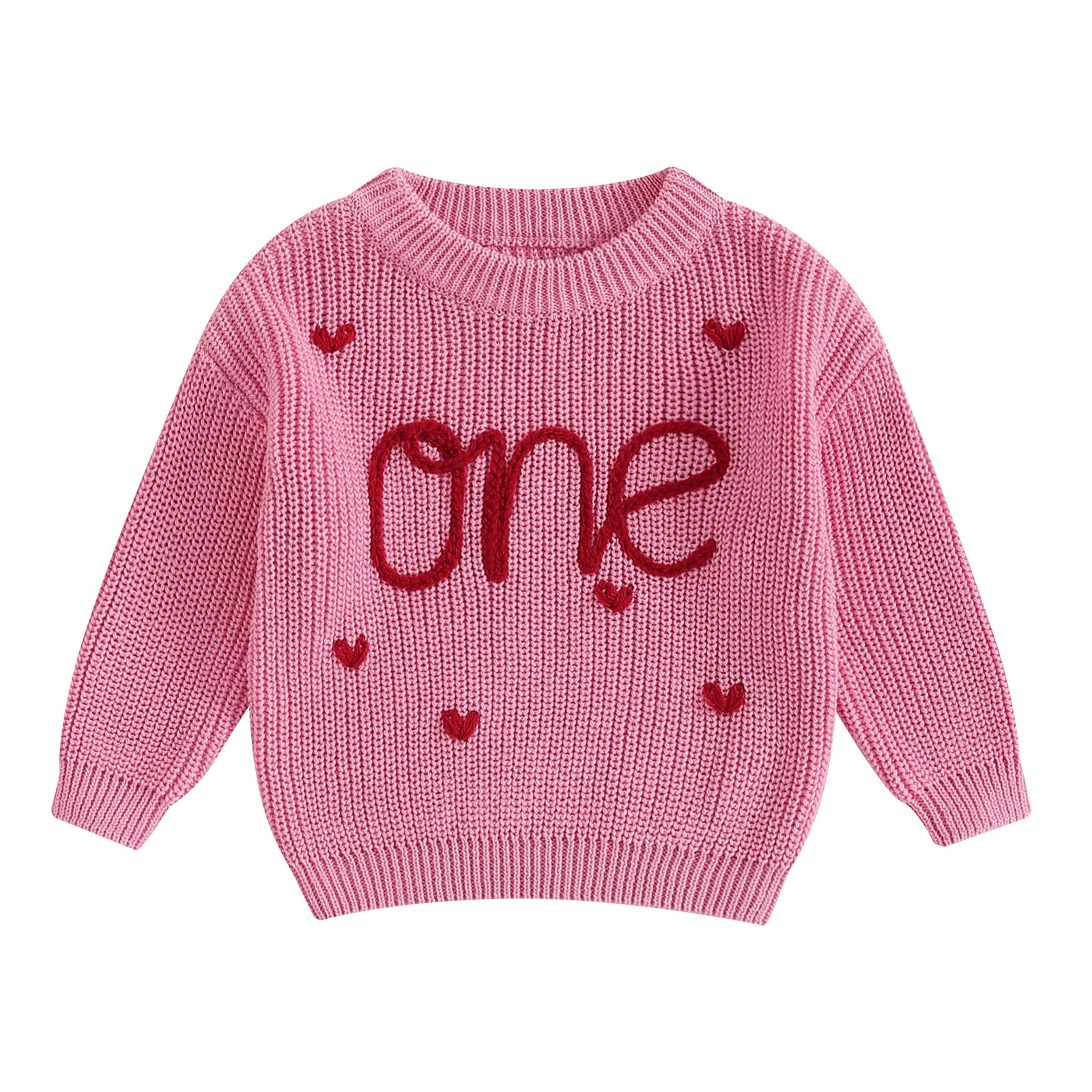 Beautooly First Birthday Outfit Baby Girl Boy Cute Letter Embroidery Warm Long Sleeve Oversized Sweater Infant Knitwear (Pink Va