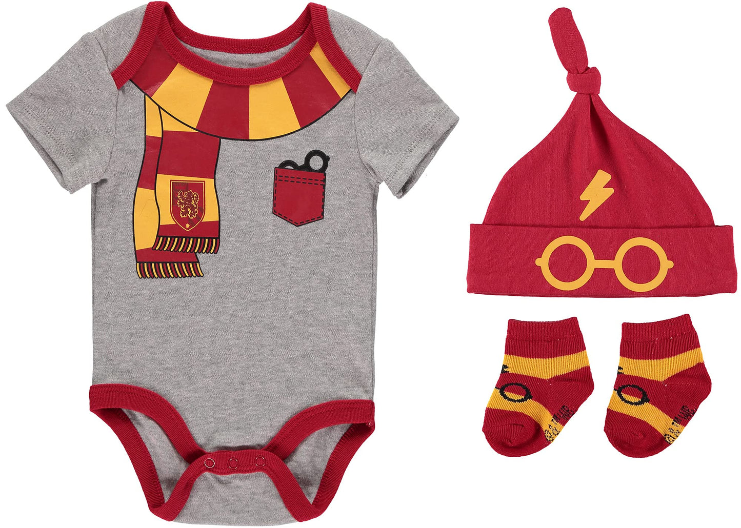 Harry Potter Baby Boys Clothing 3-Piece Set With Bodysuit, Hat, And Socks Gifts Baby Clothes (3 Pack Grey/Red/Yellow, 6-9M)