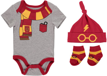 Harry Potter Baby Boys Clothing 3-Piece Set With Bodysuit, Hat, And Socks Gifts Baby Clothes (3 Pack Grey/Red/Yellow, 6-9M)