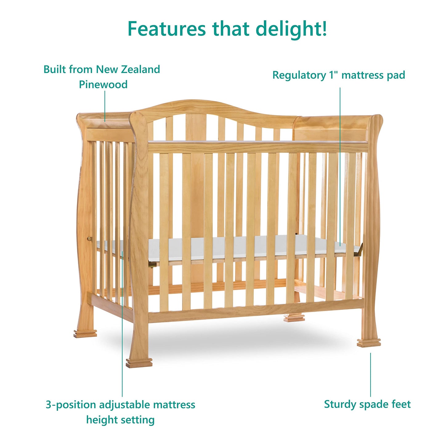 Dream On Me Addison 4-in-1 Convertible Mini Crib in Natural, Greenguard Gold Certified, Non-Toxic Finishes, Built of New Zealand