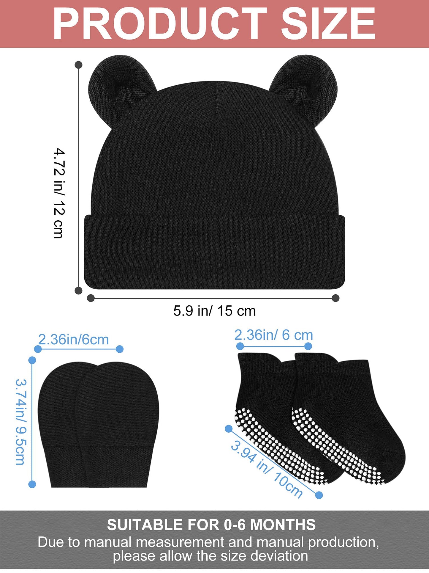 Baby Ears Newborn Hats Mittens And Socks Set For Boys Girls Beanie Hat 0-6 Month (White, Black, Gray, Light Blue,4 Set)