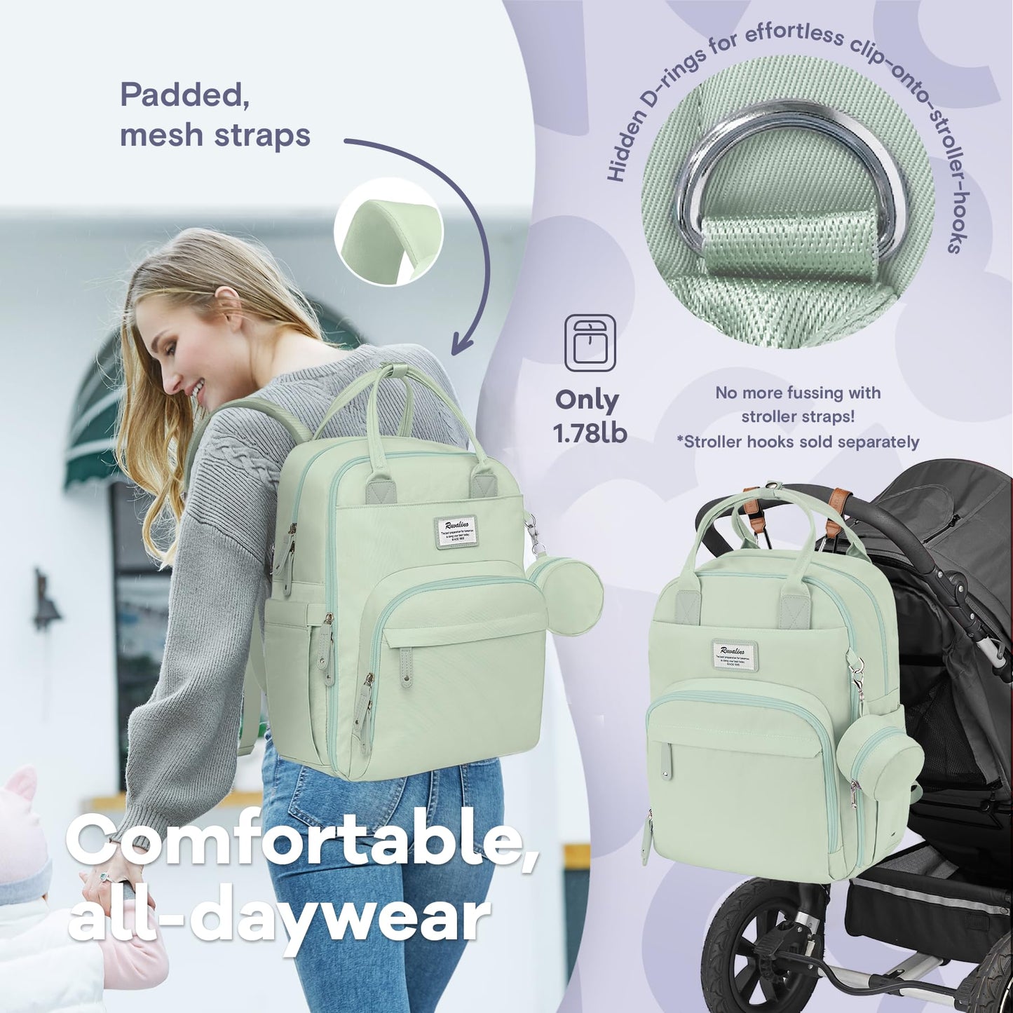 Ruvalino Diaper Bag Backpack, Multifunction Travel Pack Maternity Baby Changing Bags, Large Capacity, Waterproof, Mint Green