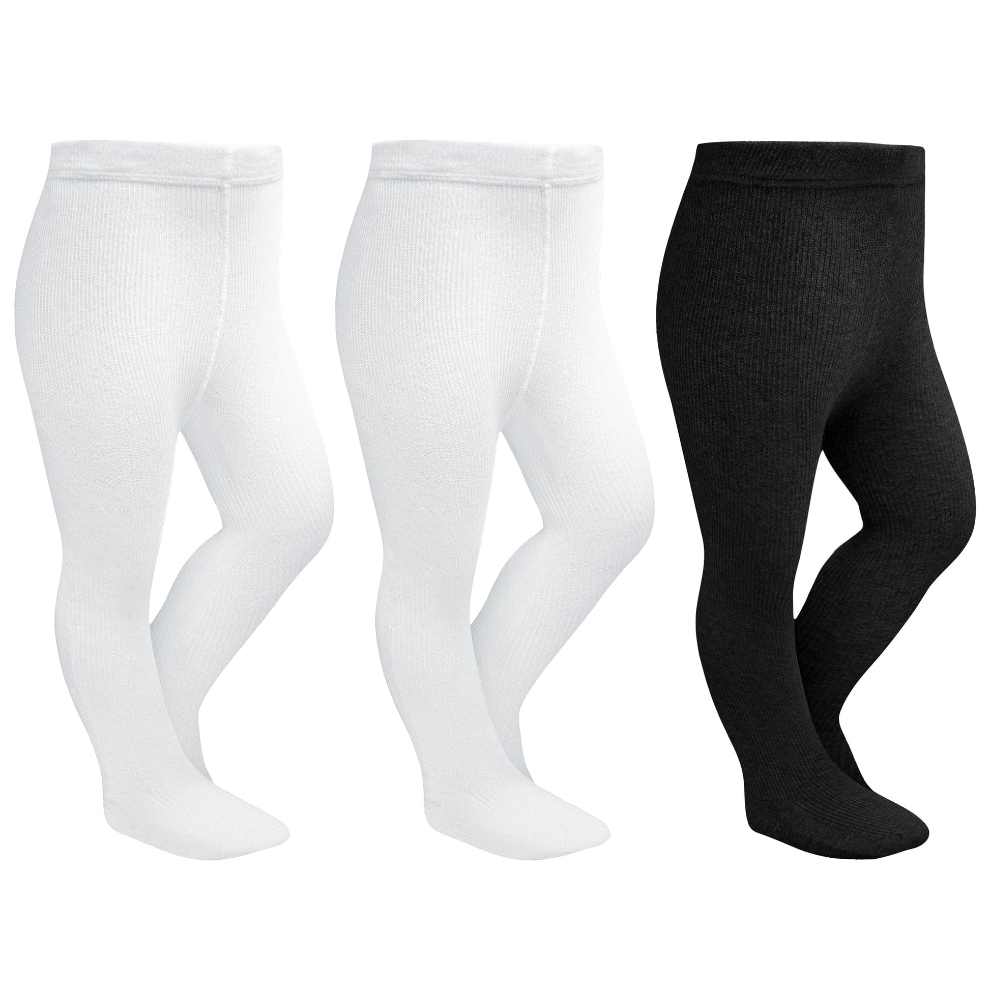 Stelle Toddler Girls Tights Baby Seamless Knit Thick Cotton Leggings Pantyhose(Infants/Kids/Childern)(2 White+1 Black,3Xs)