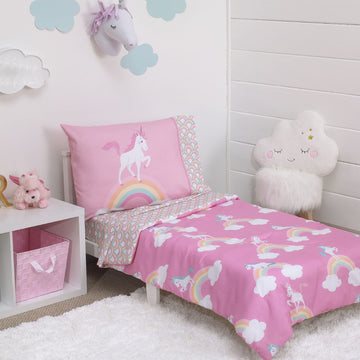 Everything Kids Rainbow Unicorn Pink, White And Rainbows 4 Piece Toddler Bed Set - Comforter, Fitted Bottom Sheet, Flat Top Shee