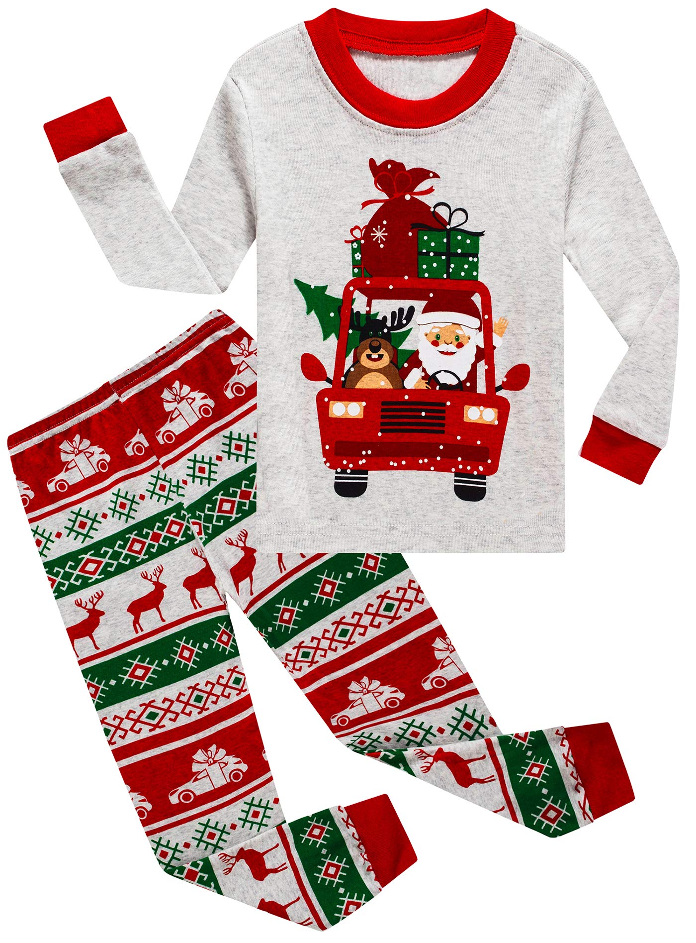 Kikizye Christmas Reindeer Santa Claus Car Gift Baby Boys Long Sleeve Pajamas 100% Cotton Holiday Grey Sleepwears Infant Size 18