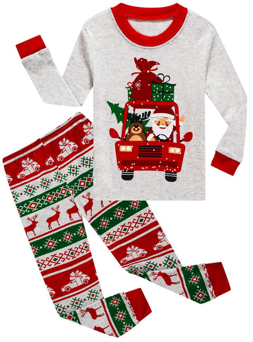 Kikizye Christmas Reindeer Santa Claus Car Gift Baby Boys Long Sleeve Pajamas 100% Cotton Holiday Grey Sleepwears Infant Size 18