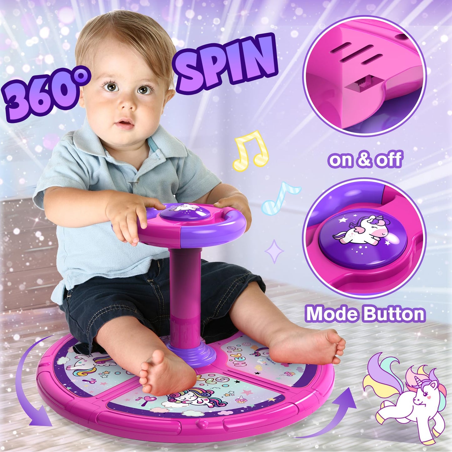 Hockvill Unicorn Sit And Spin Toy For Toddler Girls Ages 1 2 3 4 5, Christmas Birthday Gift For Kids, Toddler Spin Toy With Led