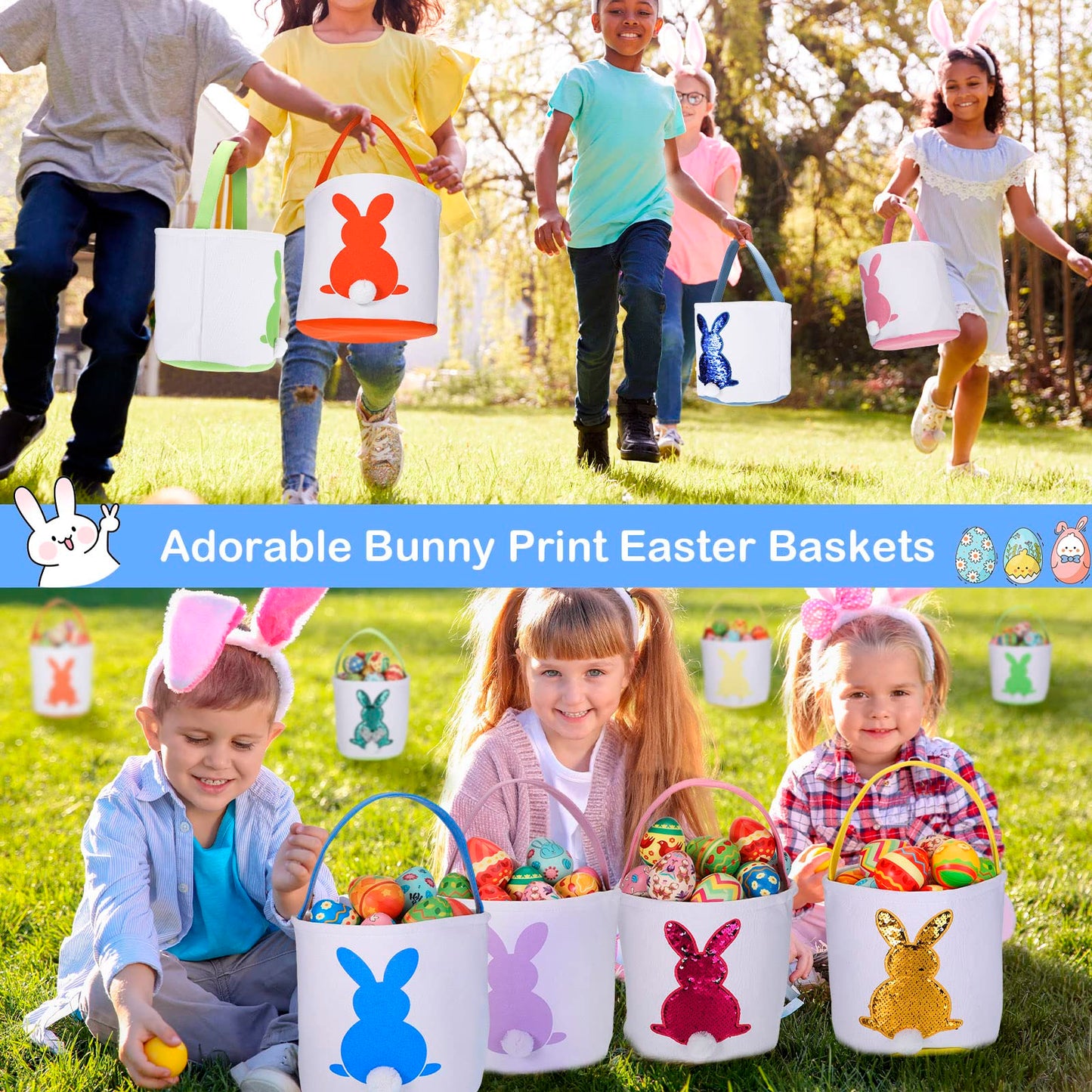 Jexine 12 Pcs Easter Bunny Basket Bags Bulk For Kids Gift Bucket Easter Eggs Hunt Basket With Handle Bunny Tote Bag Carry Bucket