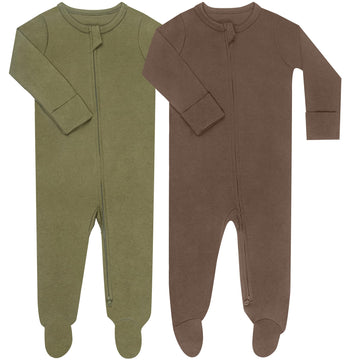 Guisby Footed Long Sleeve Baby Pajamas With Zipper Cotton Infant Sleepers Army Green+Coffee 6-9 Months