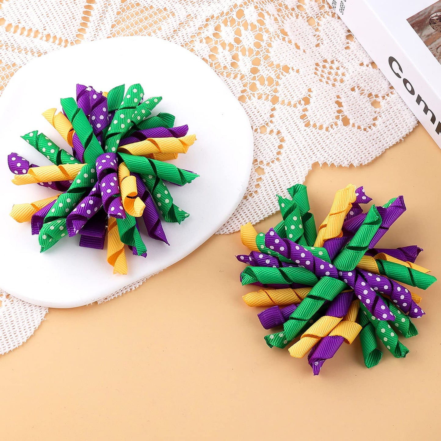 Mardi Gras Korker Hair Bows 3'' Girls Curly Corker Bow Alligator Clips Purple Yellow Green Grosgrain Ribbon Fireworks Flowerball