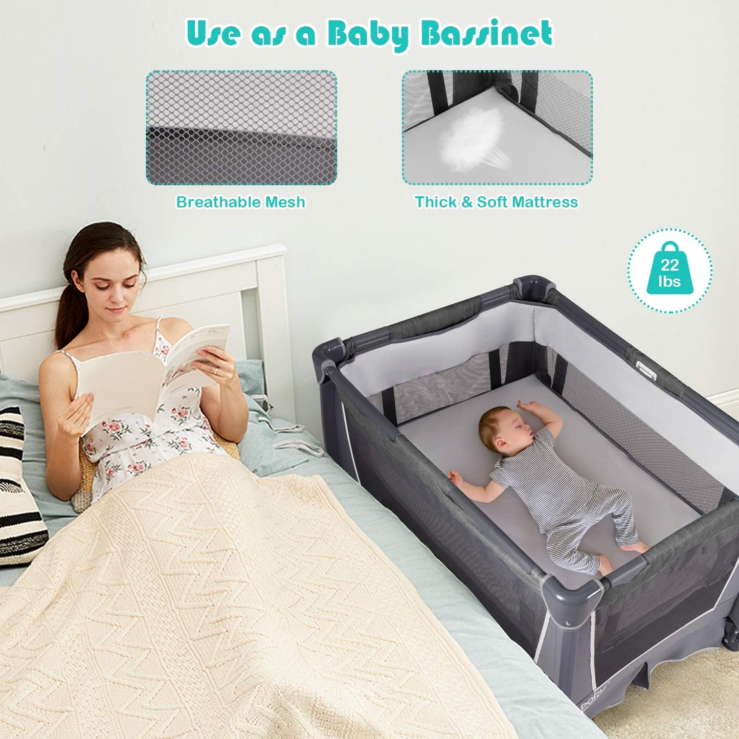 BABY JOY 5 in 1 Pack and Play, Portable Nursery Center Baby Playard w/Bassinet & Diaper Changing Table, Infant Bassinet Activity