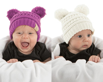 Funky Junque Baby Beanie - Ivory & Lavender Double POM (2 Pack)