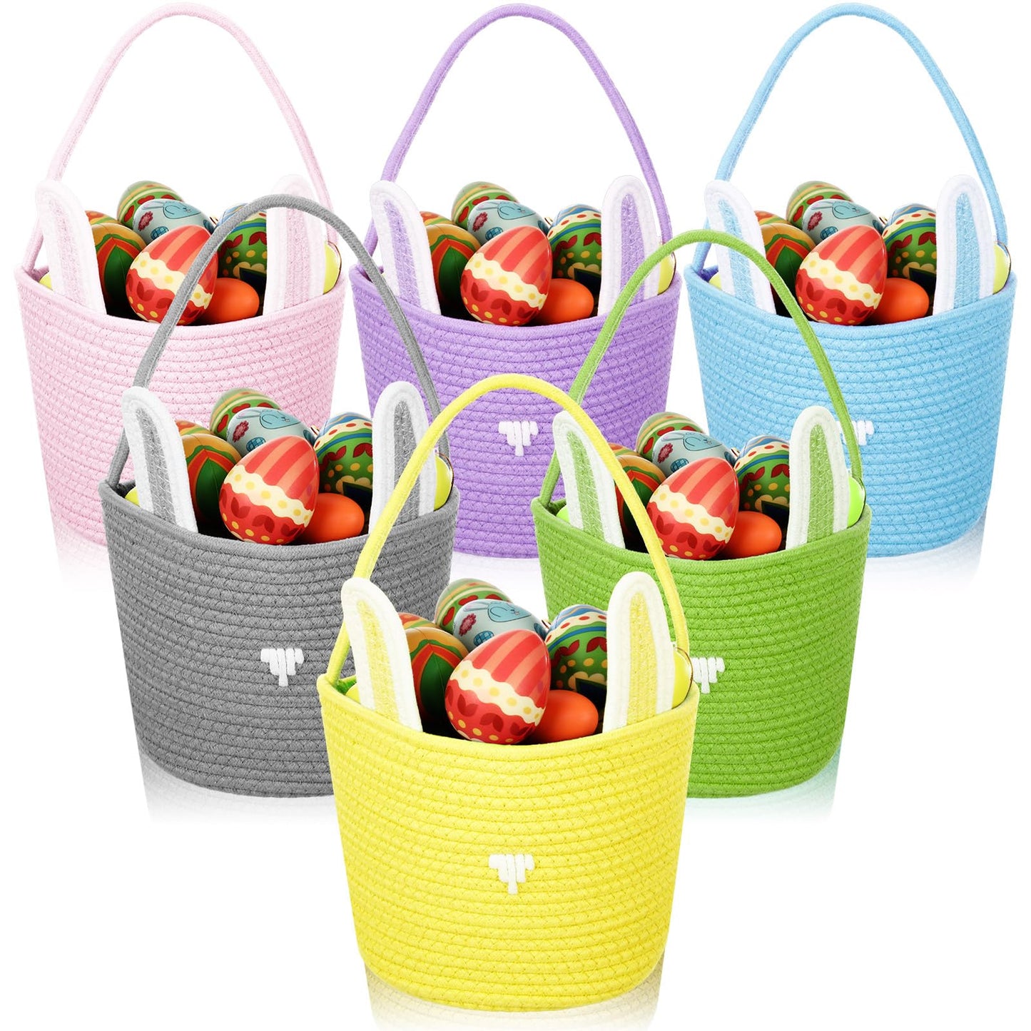 Beeveer 6 Pack Easter Baskets with Handle Woven Bunny Egg Hunt Basket with Rabbit Ears Print Bags Empty Easter Treat Bag Cotton 