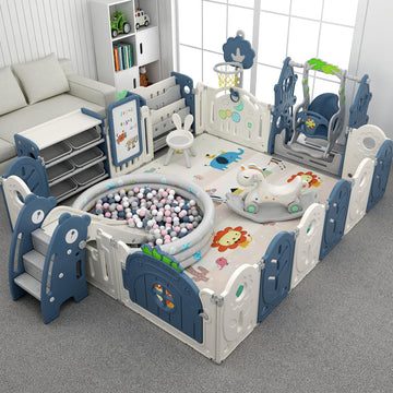 5 Square Baby Safey Gate Playpen Toy Set, HDPE Material BPA Free, 6.73 x 8.07ft Blue Foldable Baby Playpen Fence with Swing, Boo