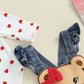 Baby Girl Valentines Day Outfit Long Sleeve Romper Onesie Bear Denim Overalls Pants Headband Cute Fall Winter Clothes(A-White Be