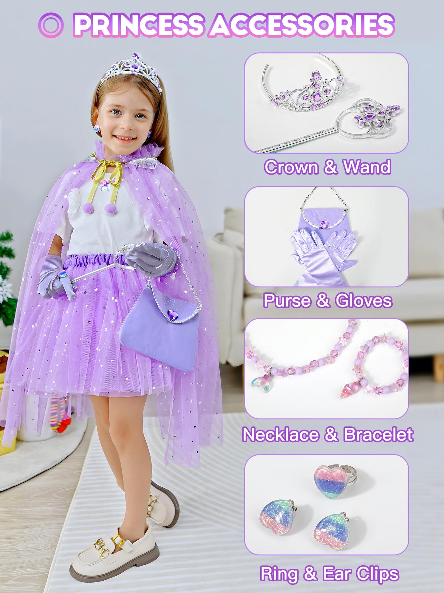Phobby Princess Dress Up For Girls Aged 3 4 5 6, Light-Up Princess Cape & Skirt With Purse & Gloves, Girl Costume For Party Chri