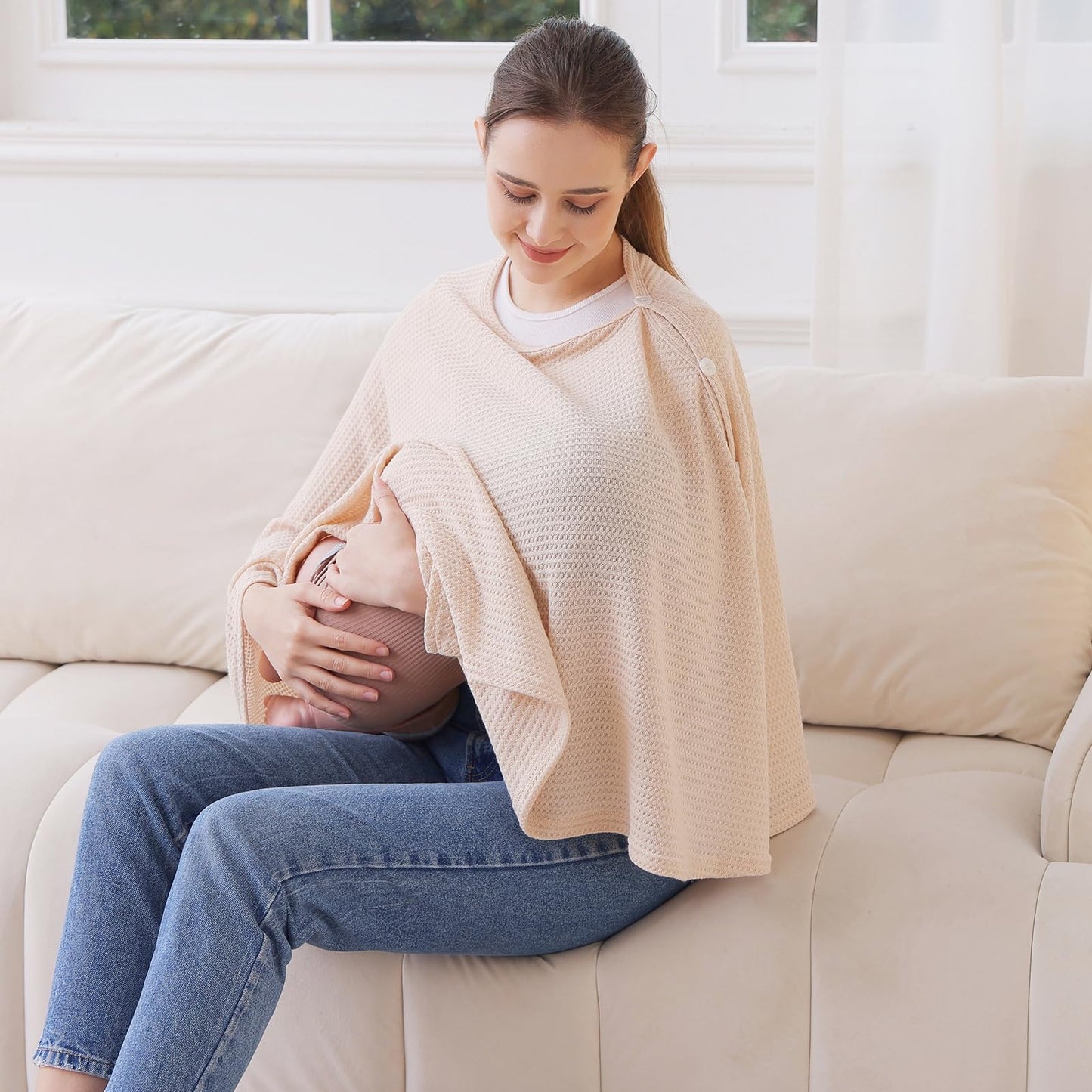 Knit Nursing Cover For Baby Breastfeeding, Breathable And Soft, Wide Neck With Stretch For Easy View (Cream)