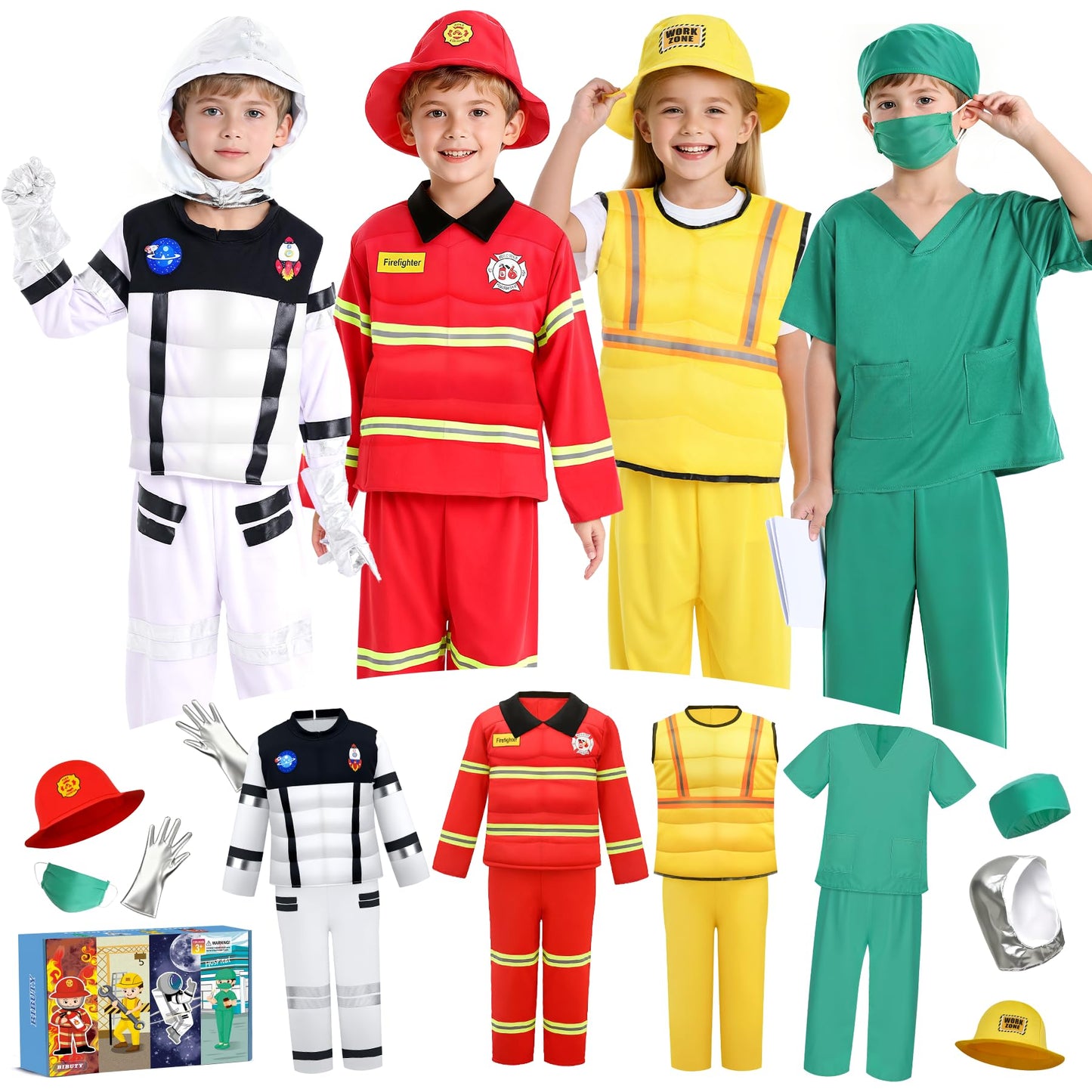 BIBUTY Costumes for Kids Boys Dress up Clothes for Play, Kids Dress up Costumes with 4 Sets Astronaut/Doctor/Fireman/Constructio