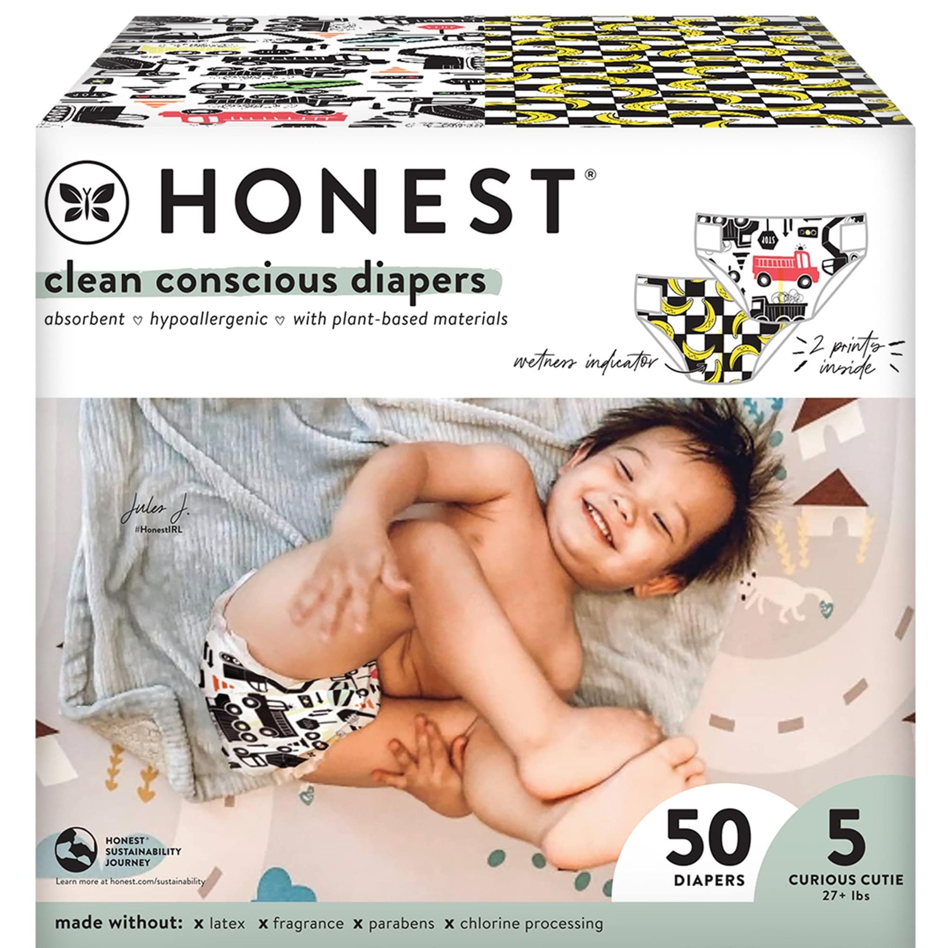 The Honest Company Clean Conscious Diapers | Plant-Based, Sustainable | Big Trucks + So Bananas | Club Box, Size 5 (27+ lbs), 50