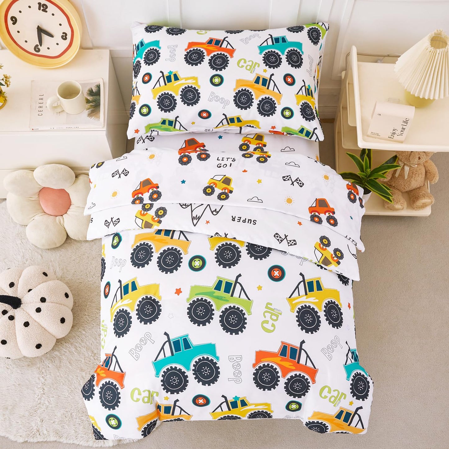 Perfemet 4-Piece Toddler Bedding Set - Colorful Car Printed Toddler Comforter Set For Boys, Reversible Fluffy Toddler Bed Set Fo