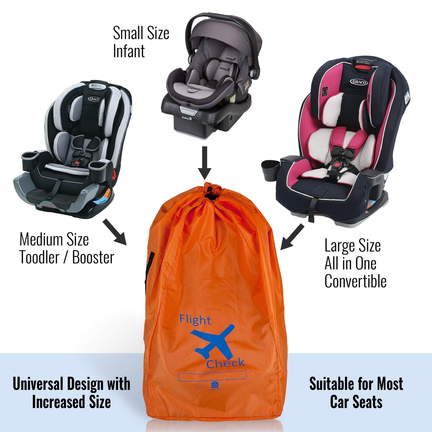 Car Seat Travel Bag And Carrier For Gate Check With Travel Pouch - Bright Orange With Blue Letters For Airport, Airplane Gate Ch
