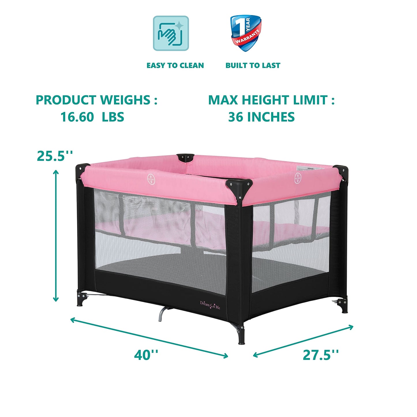 Dream On Me Zazzy Portable Playard with Bassinet in Pink, Packable and Easy Setup Baby Playard, Lightweight and Portable Playard