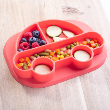 Silicone Compartment Plates- 3 Pk Vehicle Set (Car Train Rocket)- Divided Sections For Easy Grabbing Baby Food Training, Non-Sli