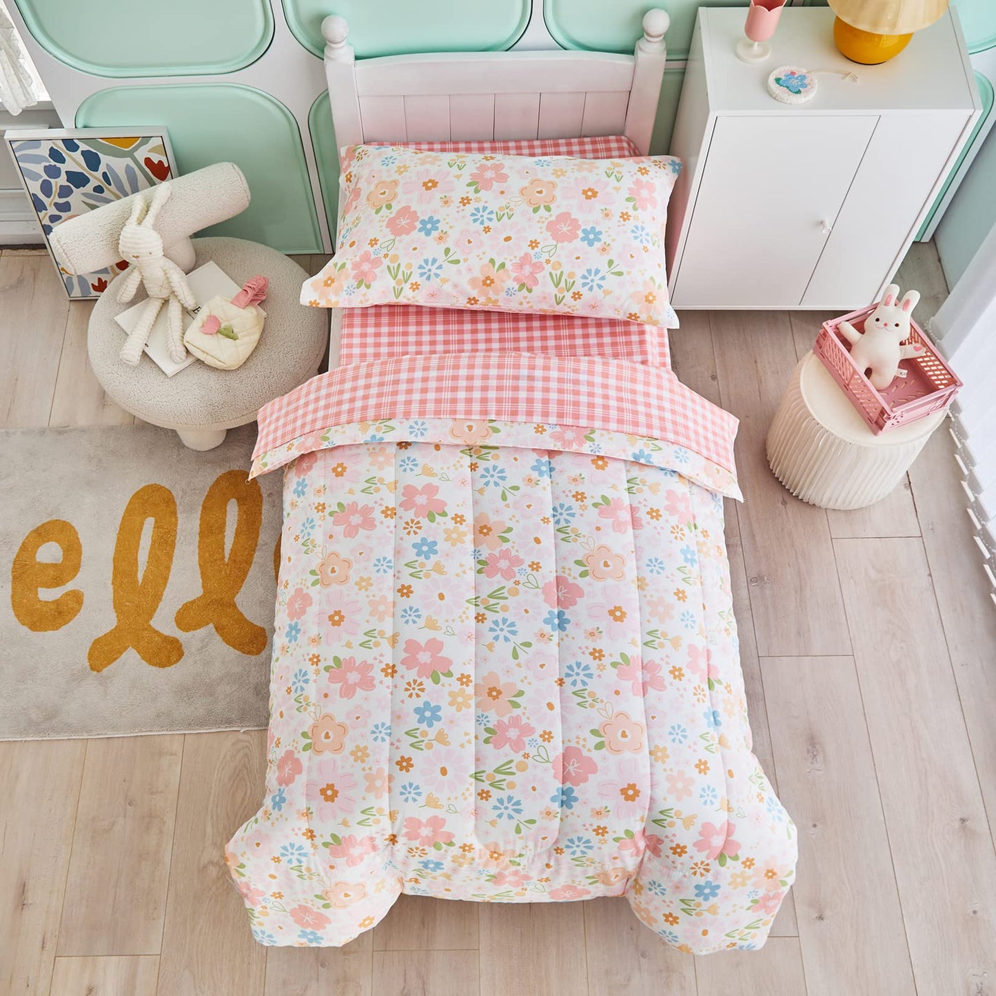 Joyreap 4 Piece Cotton Toddler Bedding Set For Girls, Pink Flowers Design, Soft N Breathable Cotton Toddler Comforter Set, Inclu