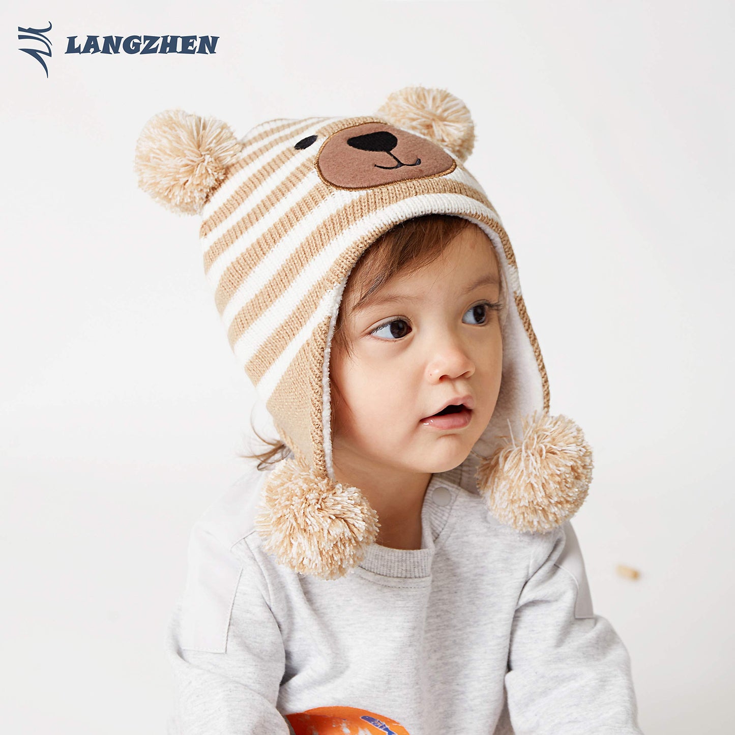 Langzhen Toddler Kids Infant Winter Hat,Earflap Knit Warm Cap Fleece Lined Beanie For Baby Boys Girls (Bear -Beige Stripe, 12-24